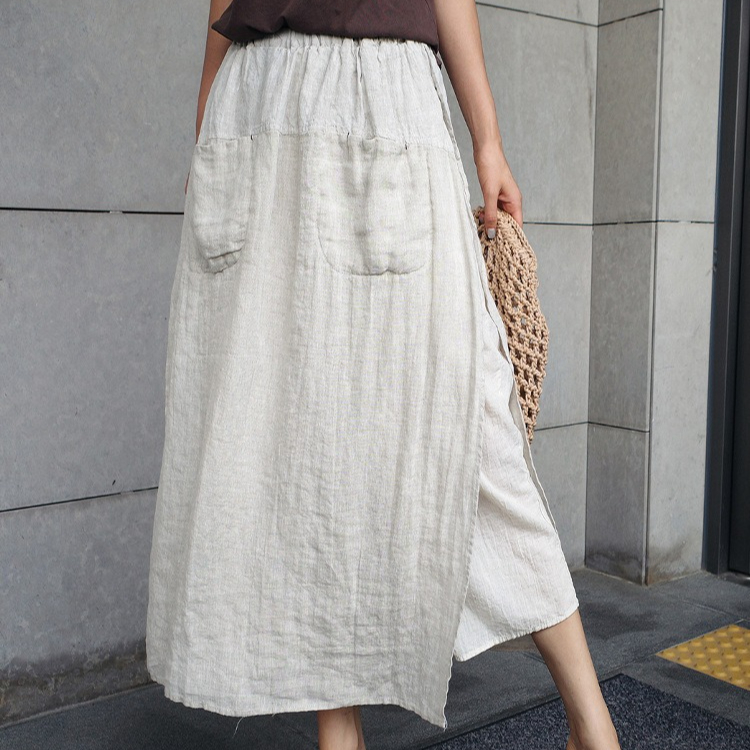 春夏の女性のワイドレッグパンツ服ツーピーススプライシングスカートパンツコットンリネンカジュアルルーズ足首丈パンツ女性