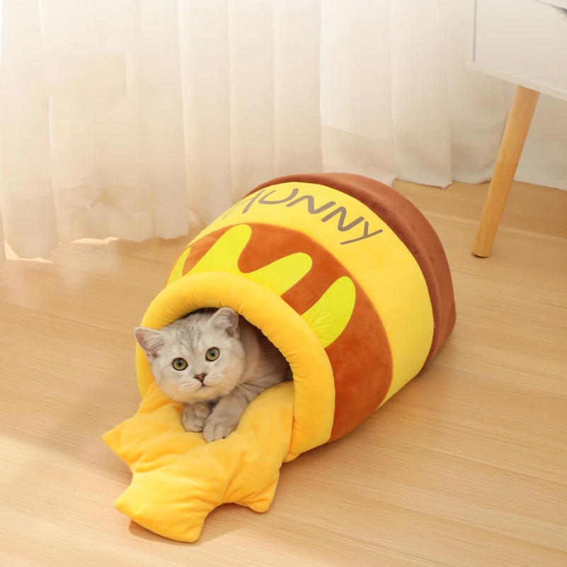 新しい蜂蜜瓶猫の巣半密閉型秋と冬の暖かい子犬の巣柔らかく、快適で通気性のあるペット用品