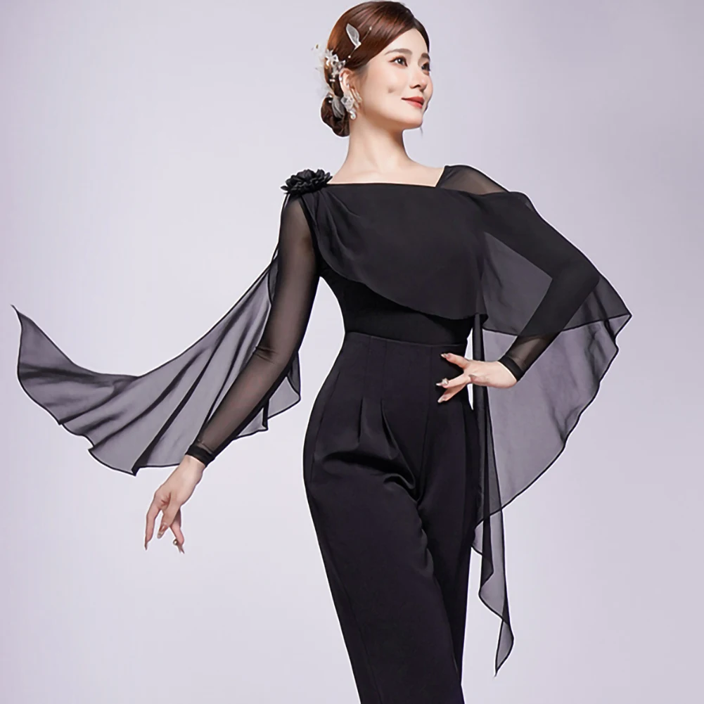 New White Ballroom Dance Competition Dance Top Long Sleeve Practice Dress Black Modern Dance Shirt Purple Shawl Waltz