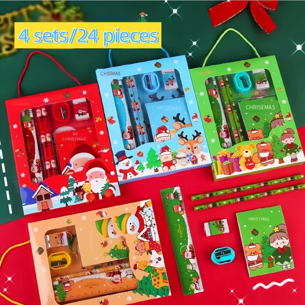 4 個クリスマス文具ギフトセットクリスマスグッズバッグフィラーには鉛筆消しゴム定規削りクリスマス装飾が含まれます