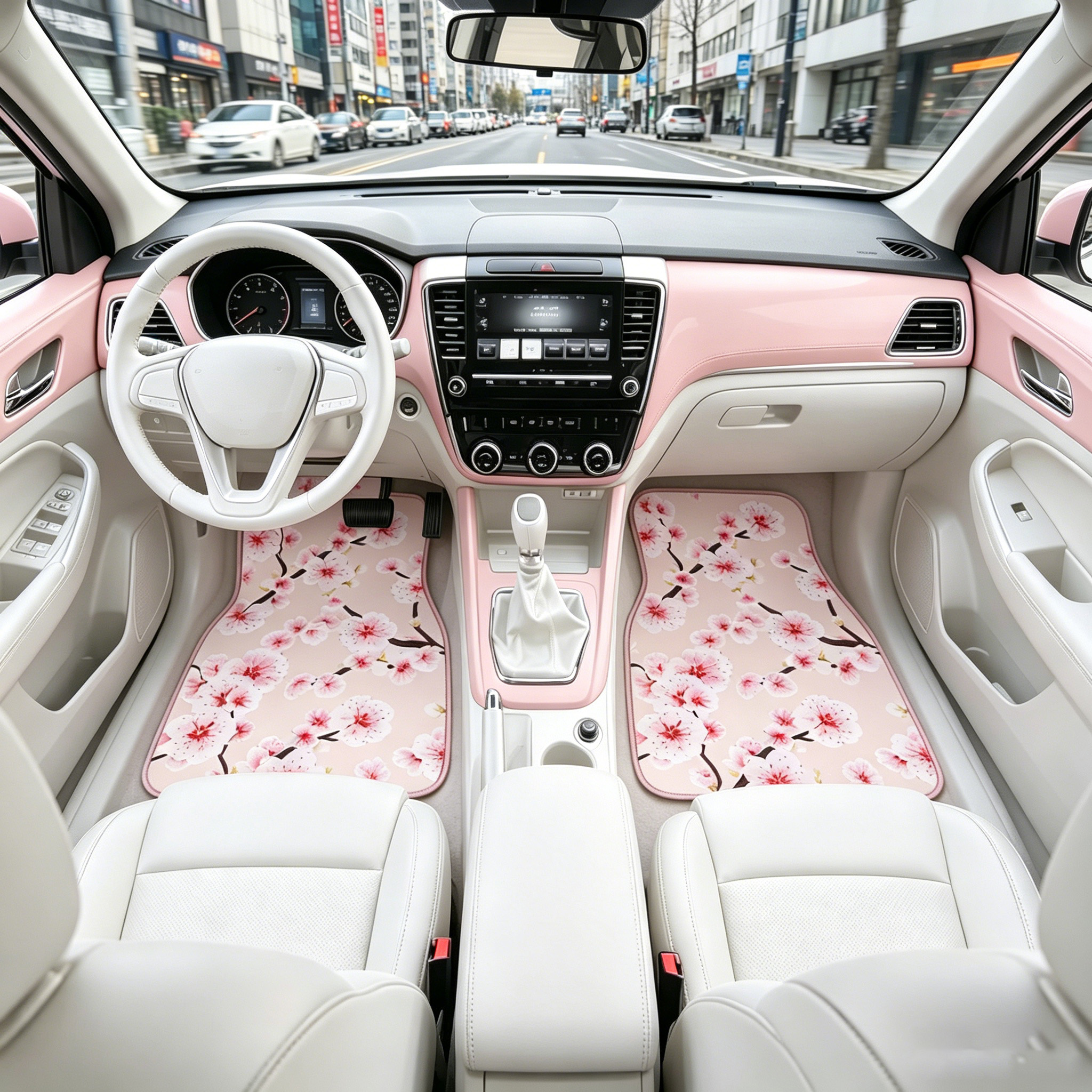 JDMスタイル桜カーフロアマット、ネイビーブルーピンク桜プリント、ユニバーサル防水滑り止めオールシーズンカーペット