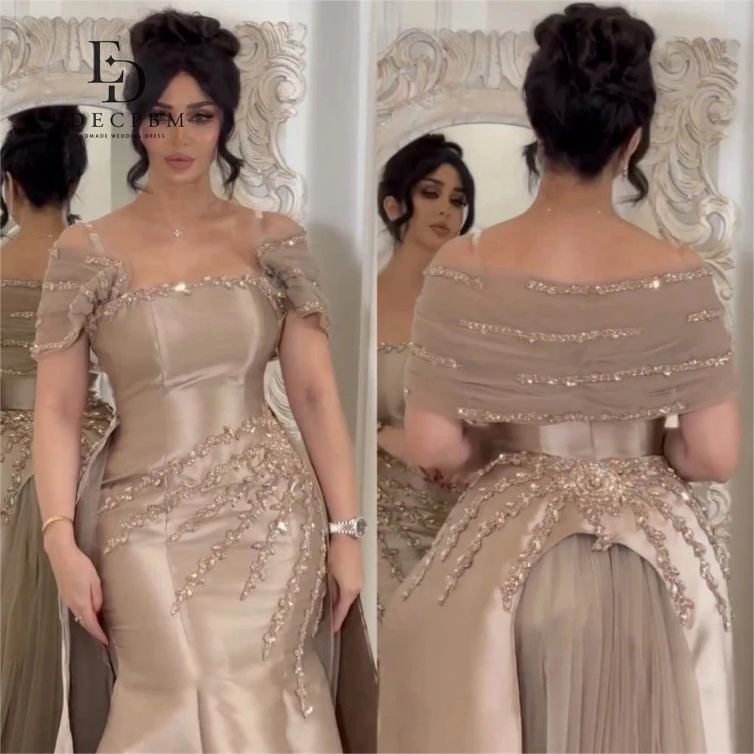 EDECPBM カスタマイズされたサウジアラビアの女性のイブニングドレス特別な日のためのシャンパンサテンプロムドレス 2025 ビーズパーティー豪華