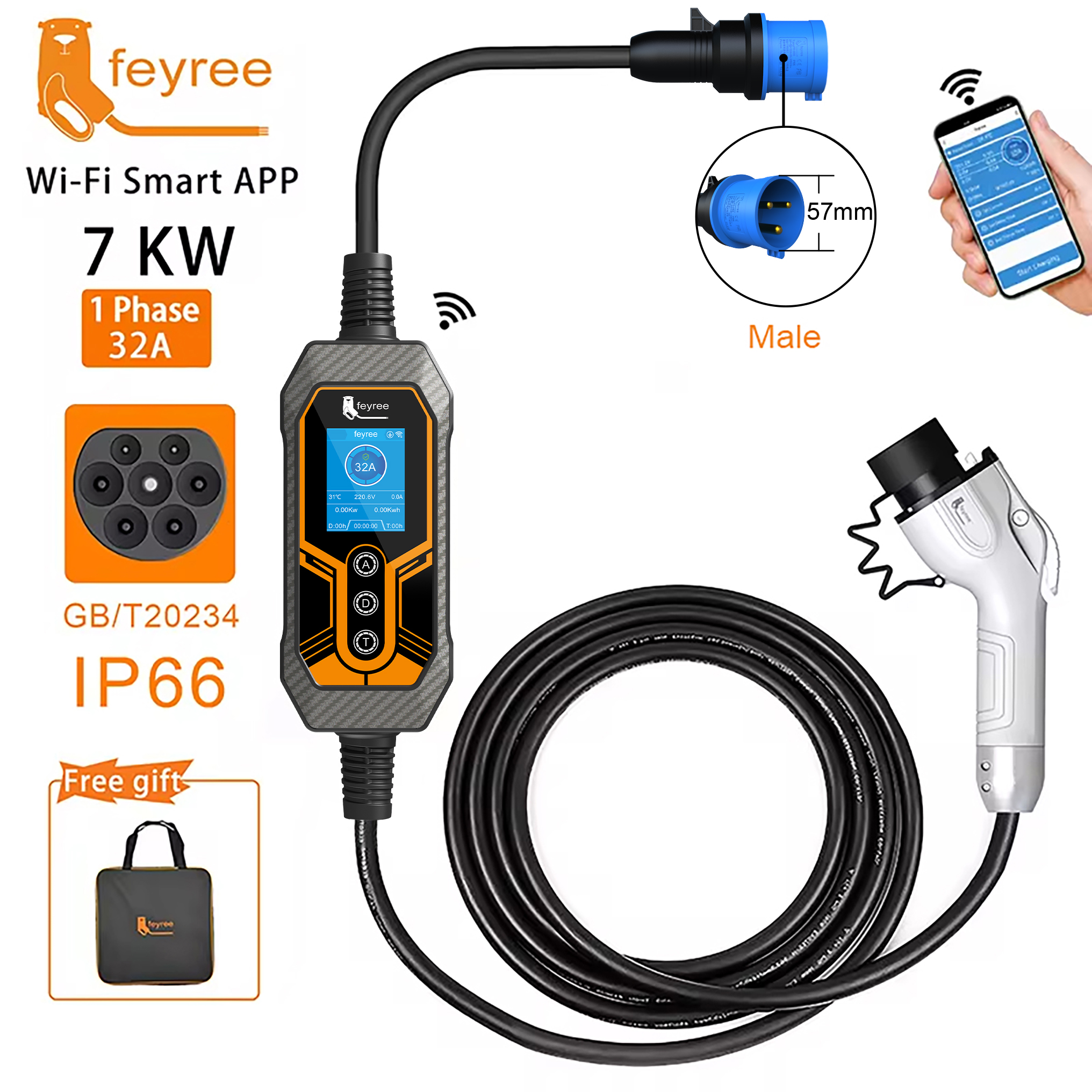 Feyree GB/T ポータブル EV 充電器 32A 7KW 1 相アプリ Bluetooth バージョン EVSE 11KW 16A 3 相ケーブル 5 メートル CEE プラグ電気自動車用