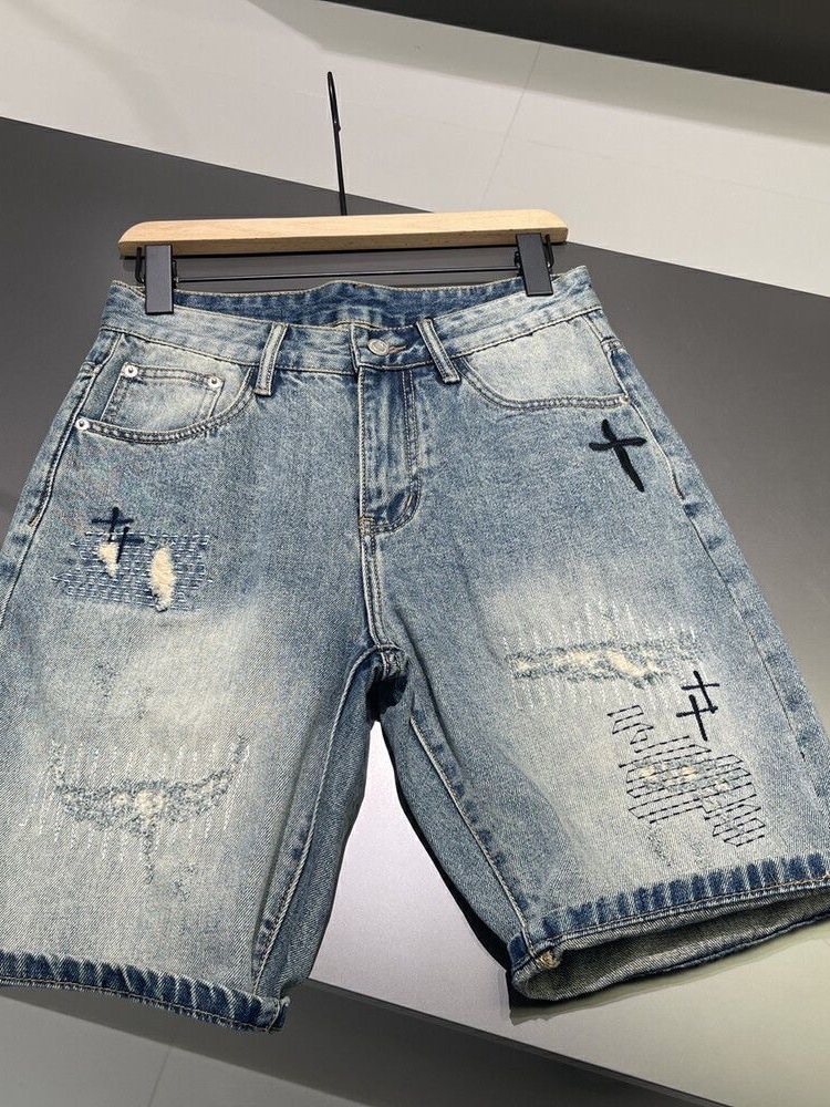 高品質アメカジ刺繍パッチデザインジーンズショートパンツ夏のトレンディなルーズファッションストレート5点パンツ