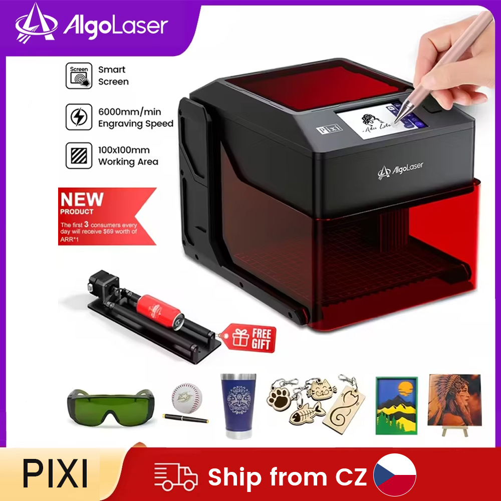 Algolaser PIXI 10W ミニポータブル木工彫刻機 ロータリーローラー付き 高精度彫刻機 DIY ホビークラフト用