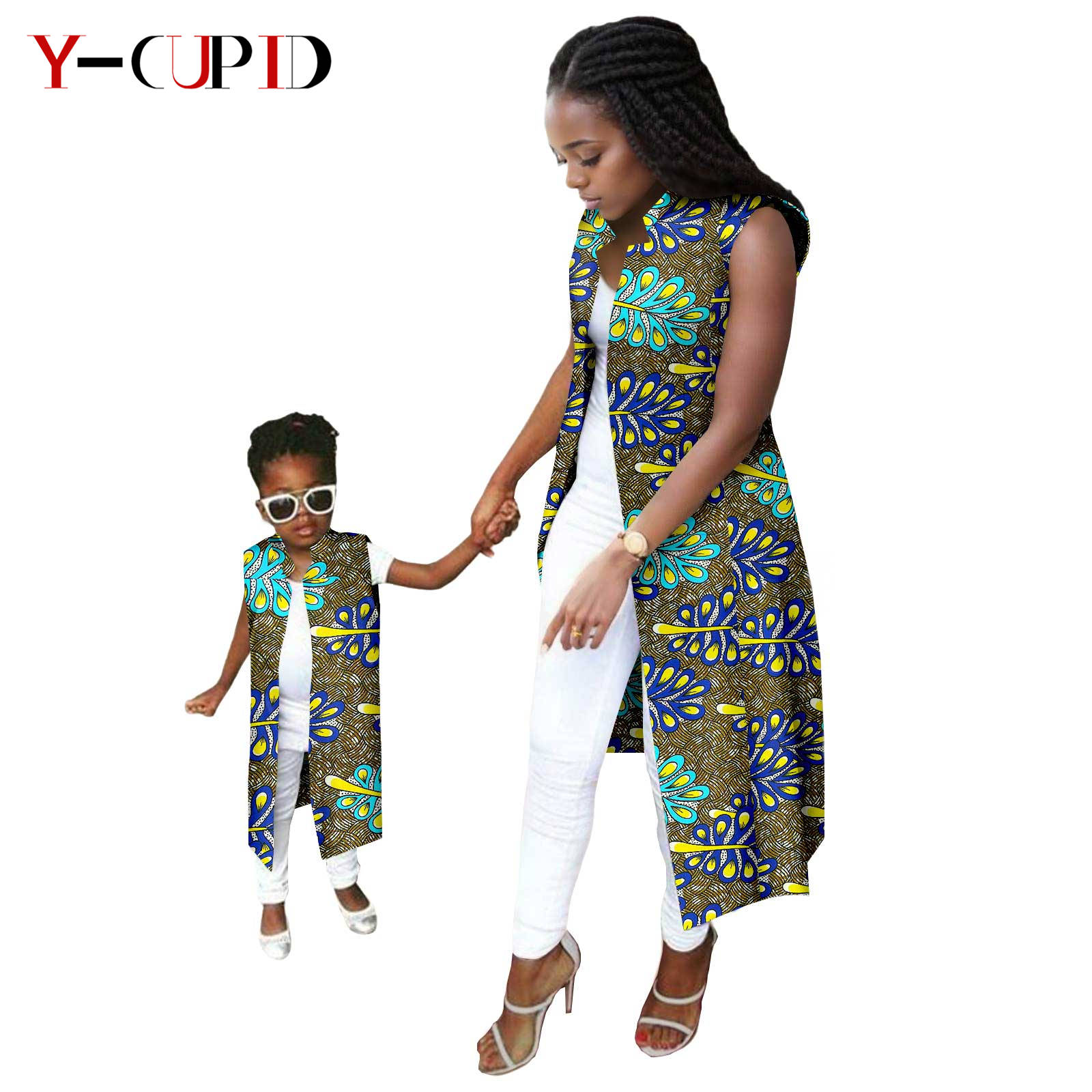 アフリカプリントロングベスト女性と女の子のため Dashiki 夏綿アンカラ母ジャケット衣装マッチング娘服 24F041