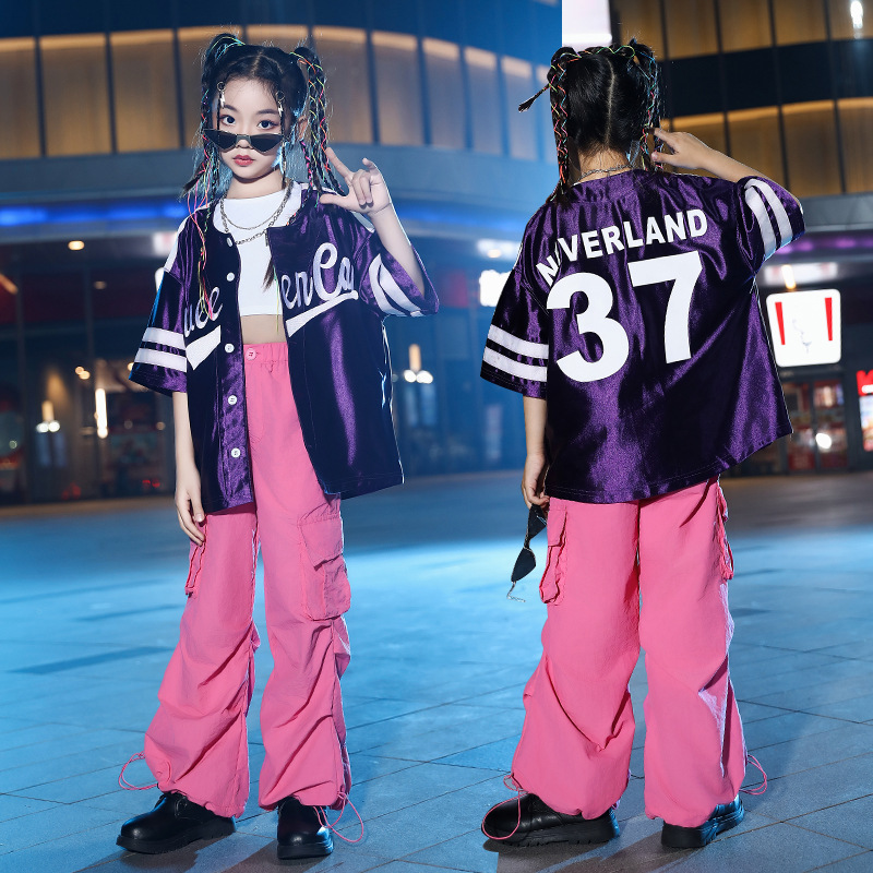女の子ヒップホップセット紫色のシャツストリートダンスピンクルーズパンツストリート子供社交服子ジャズ衣装