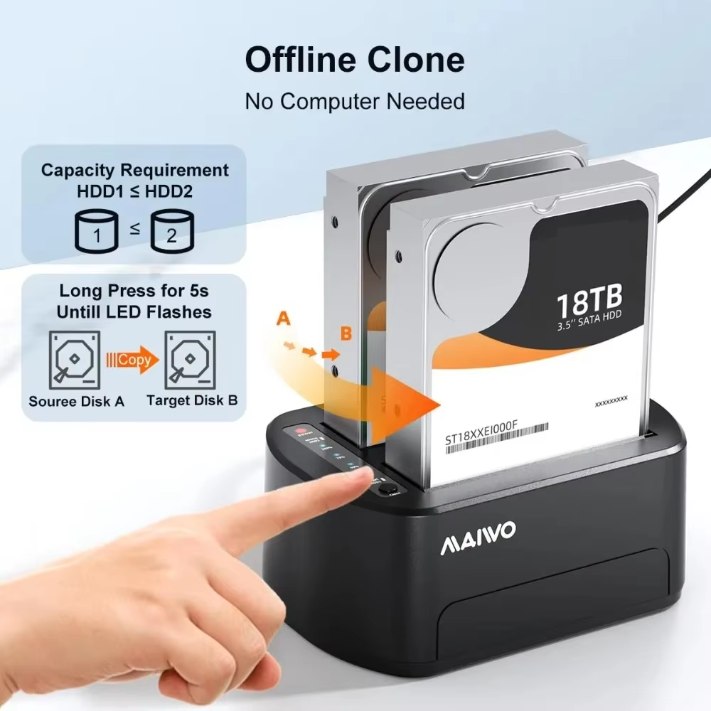 MAIWO 2.5/3.5 インチ HDD ドッキングステーション デュアルベイ ハードドライブエンクロージャ 2.5 3.5 SSD HDD ボックスドック用 オフラインクローン HDD ケース付き