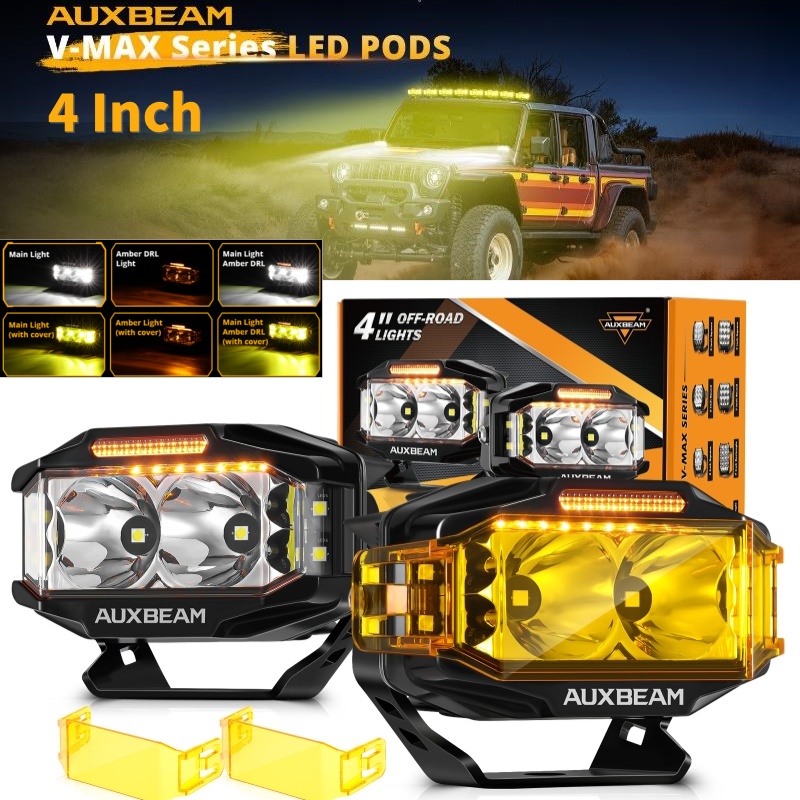 AUXBEAM 4 インチ LED 長方形ドライビング ライト 72W 6960LM コンボ ビーム サイド シューター ポッド ライト、アンバー DRL 付き | V-MAXシリーズ