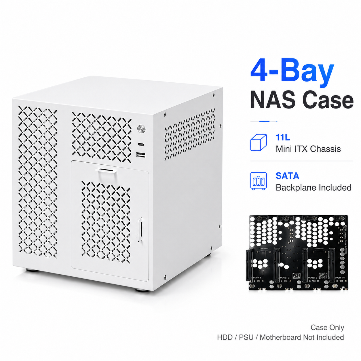 4-Bay NAS Case Mini ITX Server Chassis 11L White SFX PSU 3.5 HDD Hot Swap SATA Backplane Type-C Computer Case
