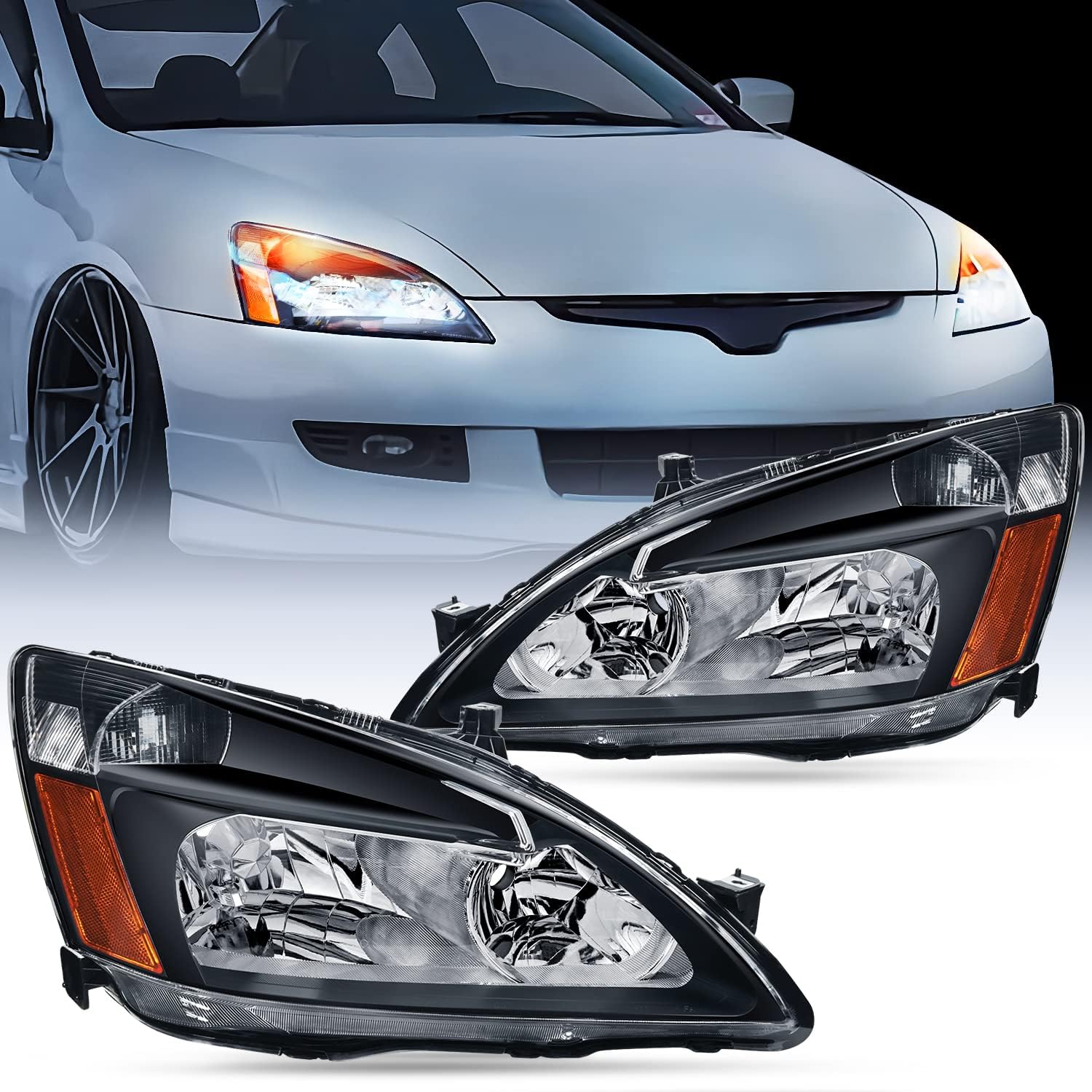 Nilight ヘッドライトアセンブリ 2003 2004 2005 2006 2007 アコード交換用ヘッドランプ ブラックハウジング アンバーリフレクター、OE スタイル フロント ヘッドライト アップグレード ホンダ アコード セダン クーペ 外装照明 Acce 用
