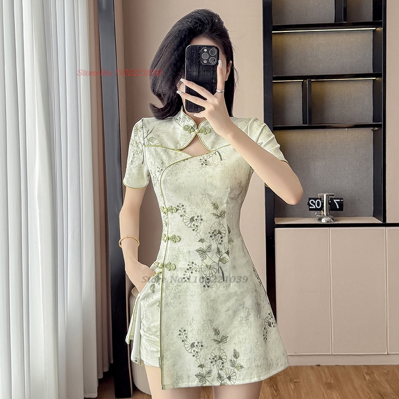 2026 中国のナイトクラブドレス改善袍セクシーなチャイナ国家フラワープリント袍ドレスショーツセットホテルスパワークドレス
