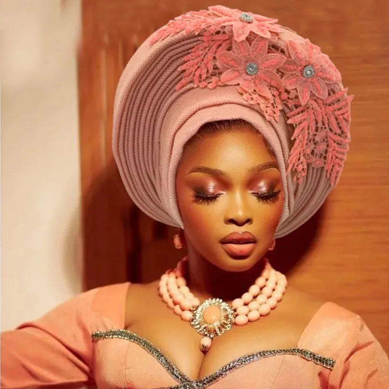 刺繍花アフリカ Autogele Headtie 女性のファッションターバンキャップ結婚式 Gele パーティーかぶとナイジェリア女性ヘッドラップ