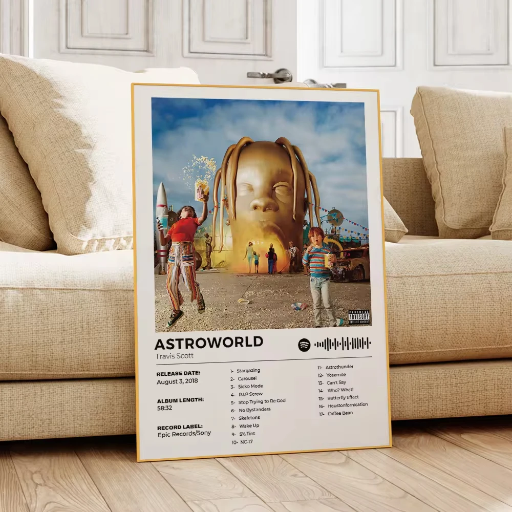 現代 Astroworld トラビススコットラップアルバムカバーアートアルミフレームキャンバス絵画ポスターリビングルームの家の装飾音楽 Gif