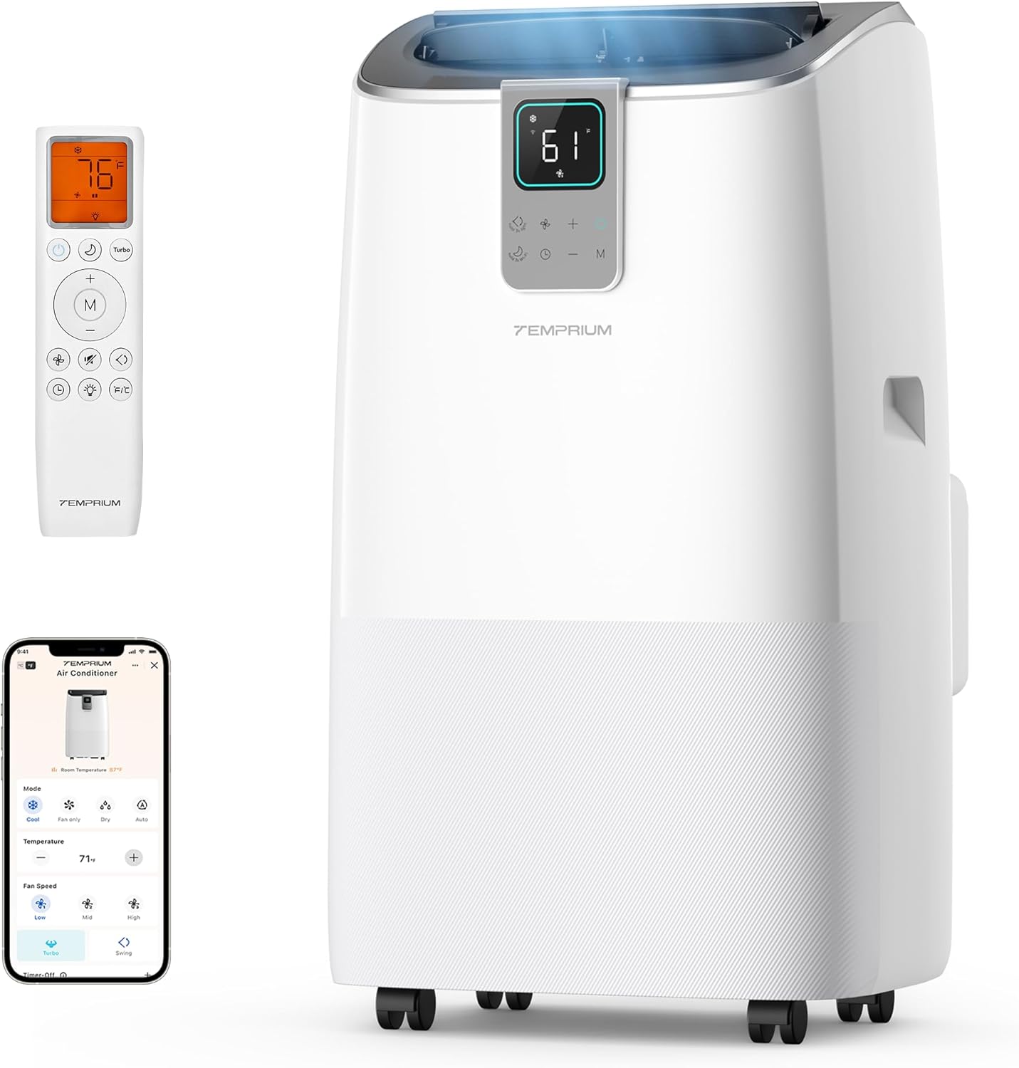 スマートポータブルエアコン、14,000 BTU、最大 750 平方フィートの大部屋用 - 41dB ささやき声の静かな高効率ユニット、アプリ付き