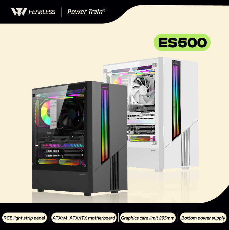 パワートレイン ES500 PC ゲーミングケース ATX M-ATX RGB ライトストリップパネルガラス側透明デスクトップコンピュータケース Gabinete ゲーマー USB