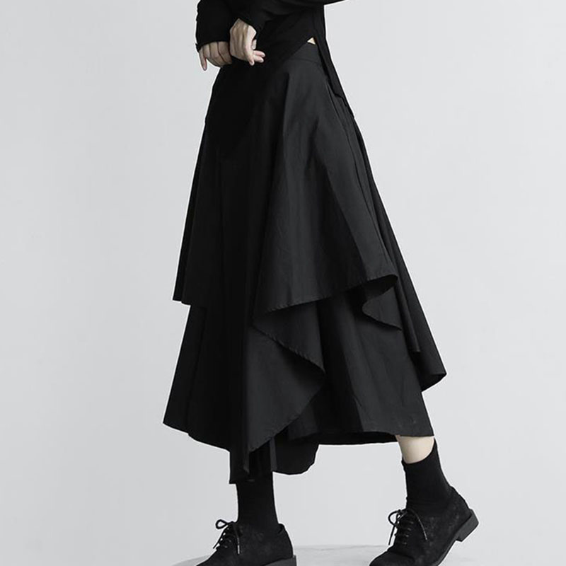 女性黒スカート日本ゴシック不規則なハイウエストプリーツスカートパンツ女性のためのヴィンテージカーゴスカート女性服レディース