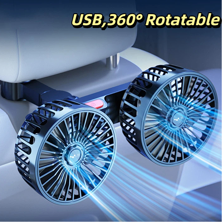 後部座席用 USB 車冷却ファン: デュアルヘッド車ファン 3 スピード 360° 回転可能 5V/2A 循環ファン セダン SUV RV トラック用