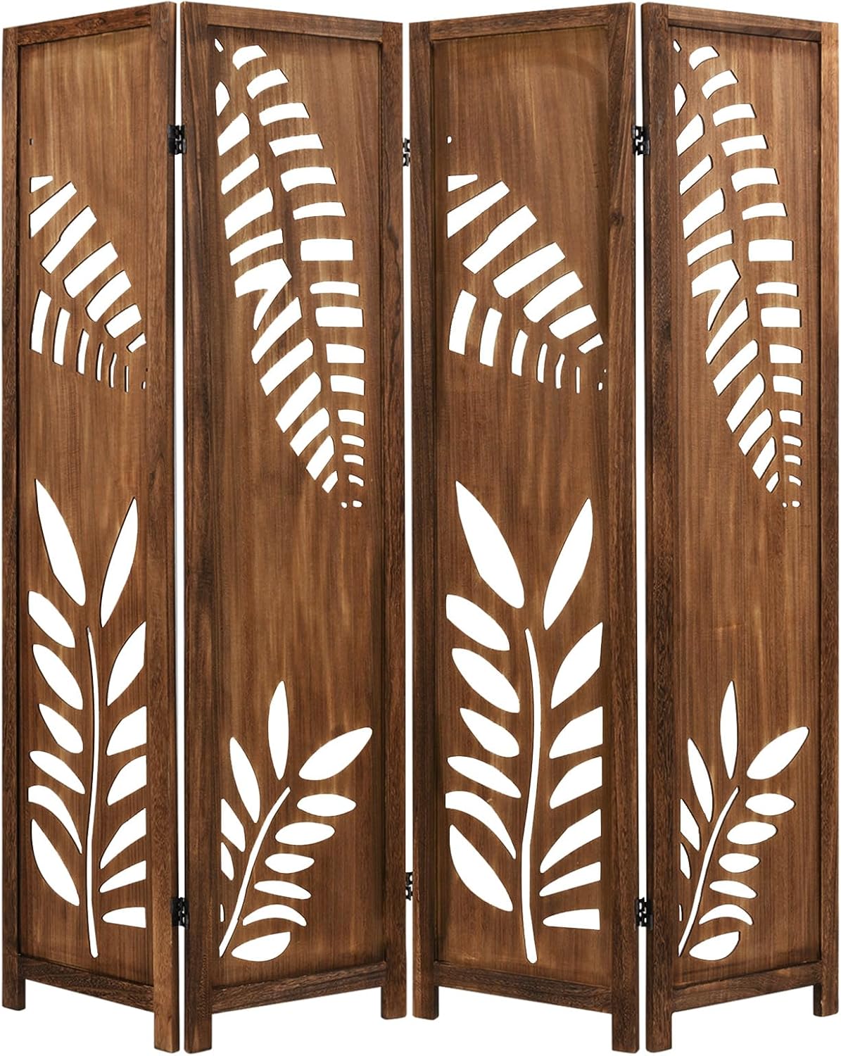 Boho 素朴なルームディバイダー、4パネル彫刻葉折りたたみ木製スクリーン、完全組み立て、67インチ自立型プライバシーパーティション装飾