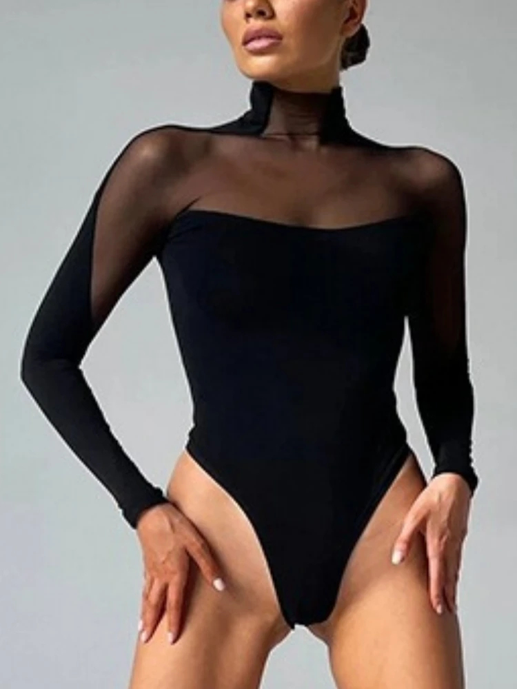 固体メッシュスプライシングボディスーツランジェリー長袖ワンピースボディ Feminino タートルネックビスチェブラックトップ女性服