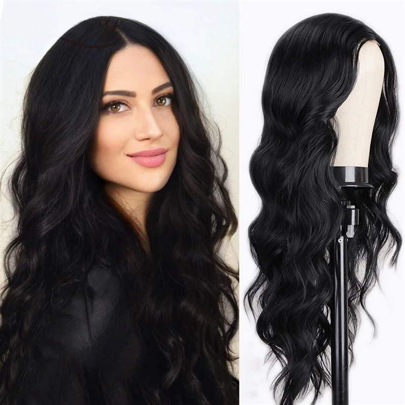 ファッション黒合成かつらビッグウェーブロングカーリーヘアふわふわロングヘアファッション高温シルクかつらフルヘッドカバー
