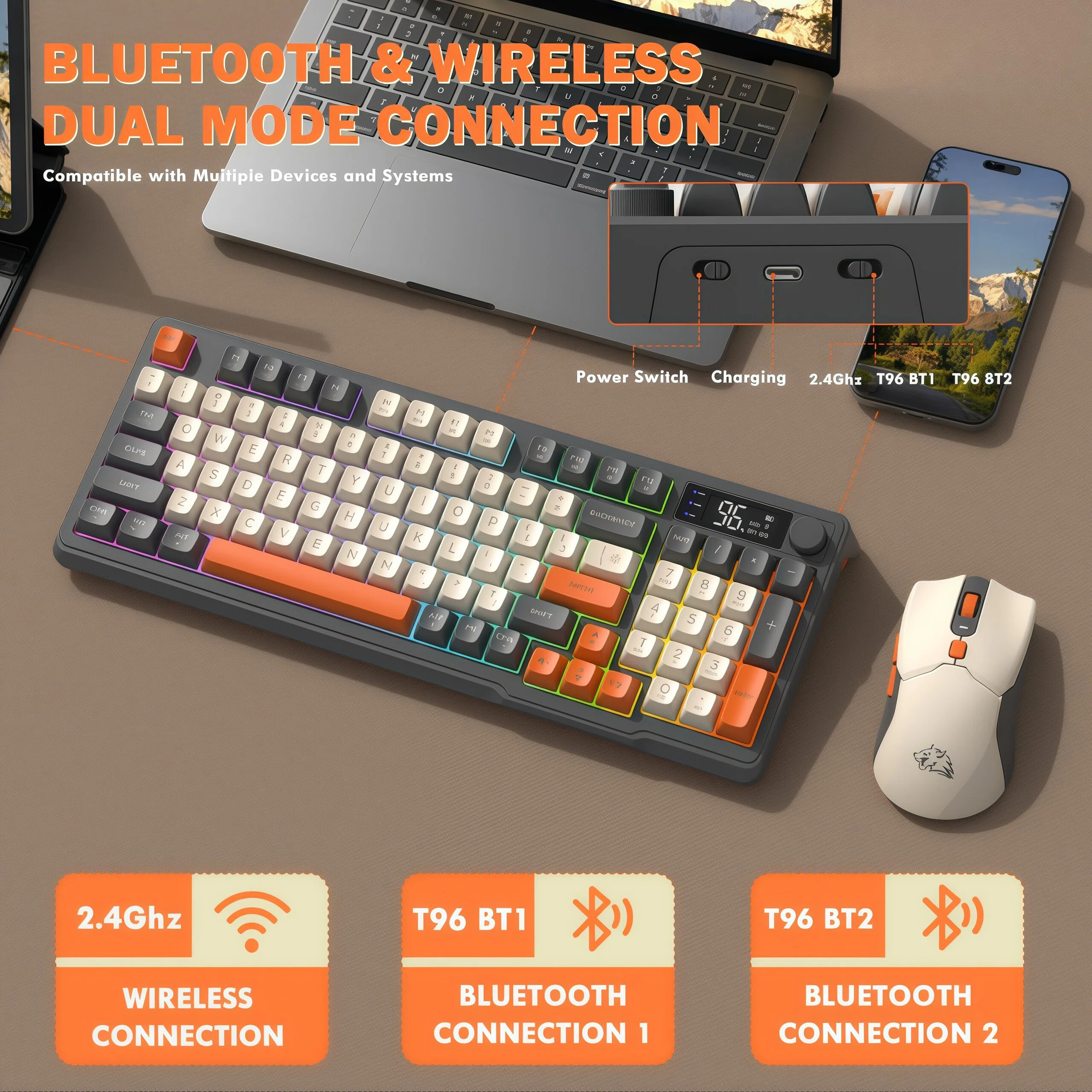 Freewolf T96 ゲーミング ワイヤレス キーボードおよびマウス デュアルモード Bluetooth 接続をサポート PC および Mac デバイスと互換性