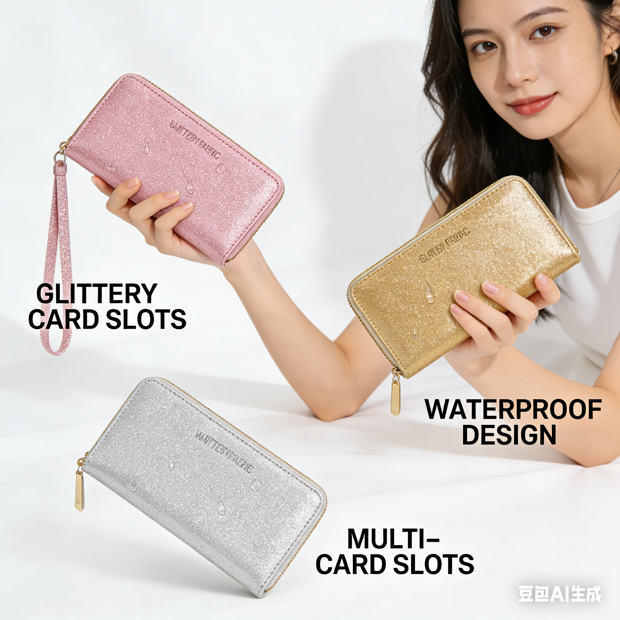 大容量の女性のジップ財布光沢のあるグリッターリストレットクラッチバッグキラキラ PU レザーカードホルダー小銭入れ長電話ポケット