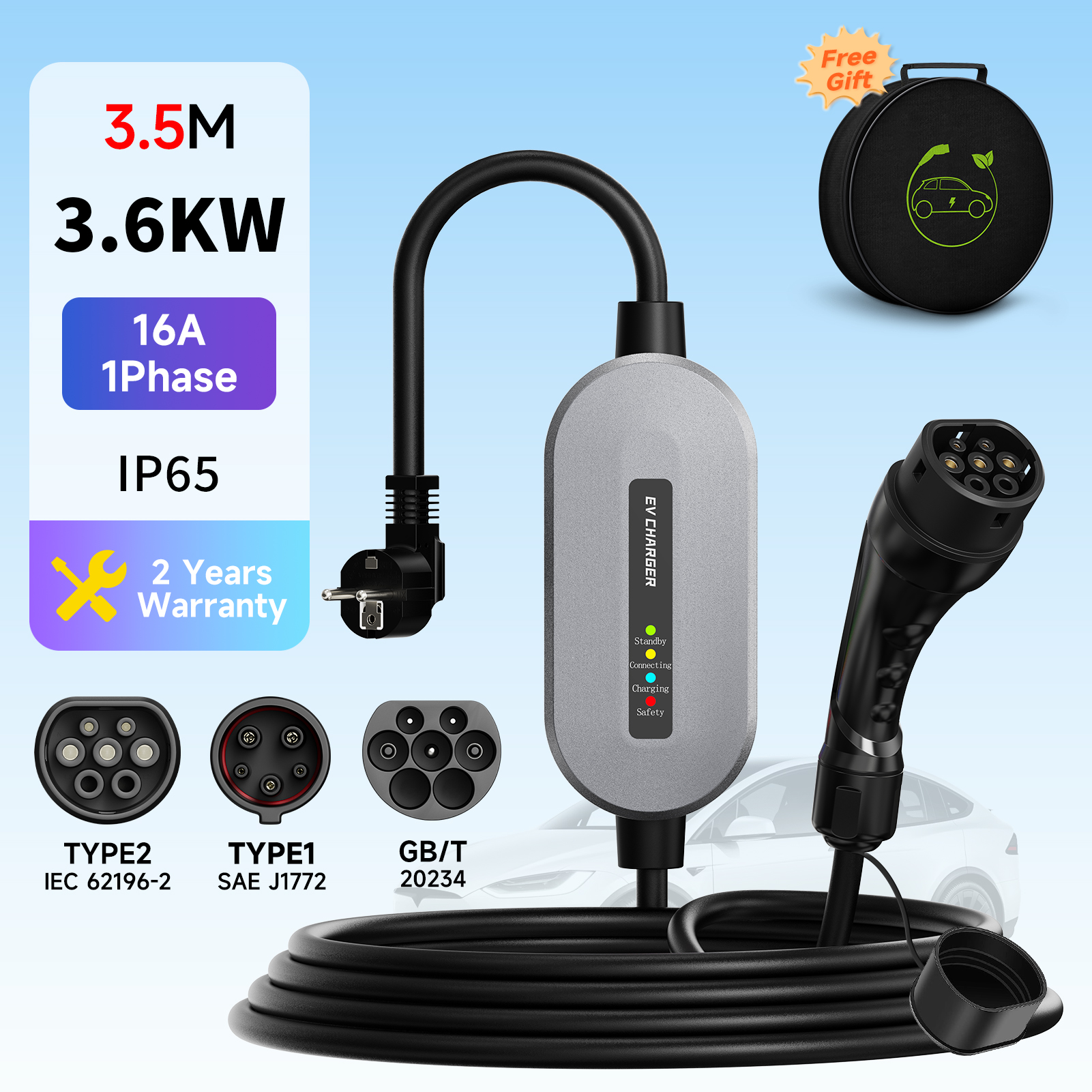 3.6KW 16A 1 相 Type2 IEC62196-2 EV 充電器ポータブル充電ウォールボックス Type1/GBT 充電ステーション電気自動車用