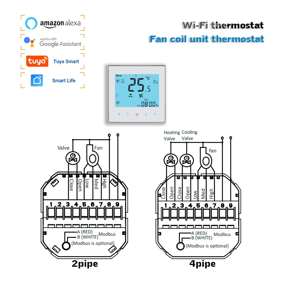 24V スマート冷却暖房空調温度調節器 TUYA WIFI 2pipe4pipe ファンコイルサーモスタット Alexa Google ホームで動作します