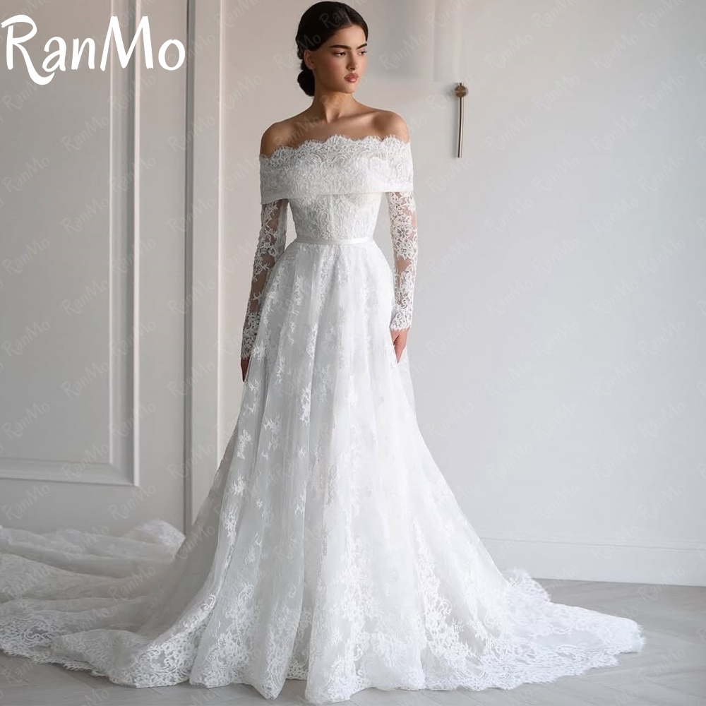 Ranmo 絶妙な A ラインのウェディングドレス高級オフショルダー花嫁衣装レース長袖カスタマイズ Vestidos デノビアスイープトレイン