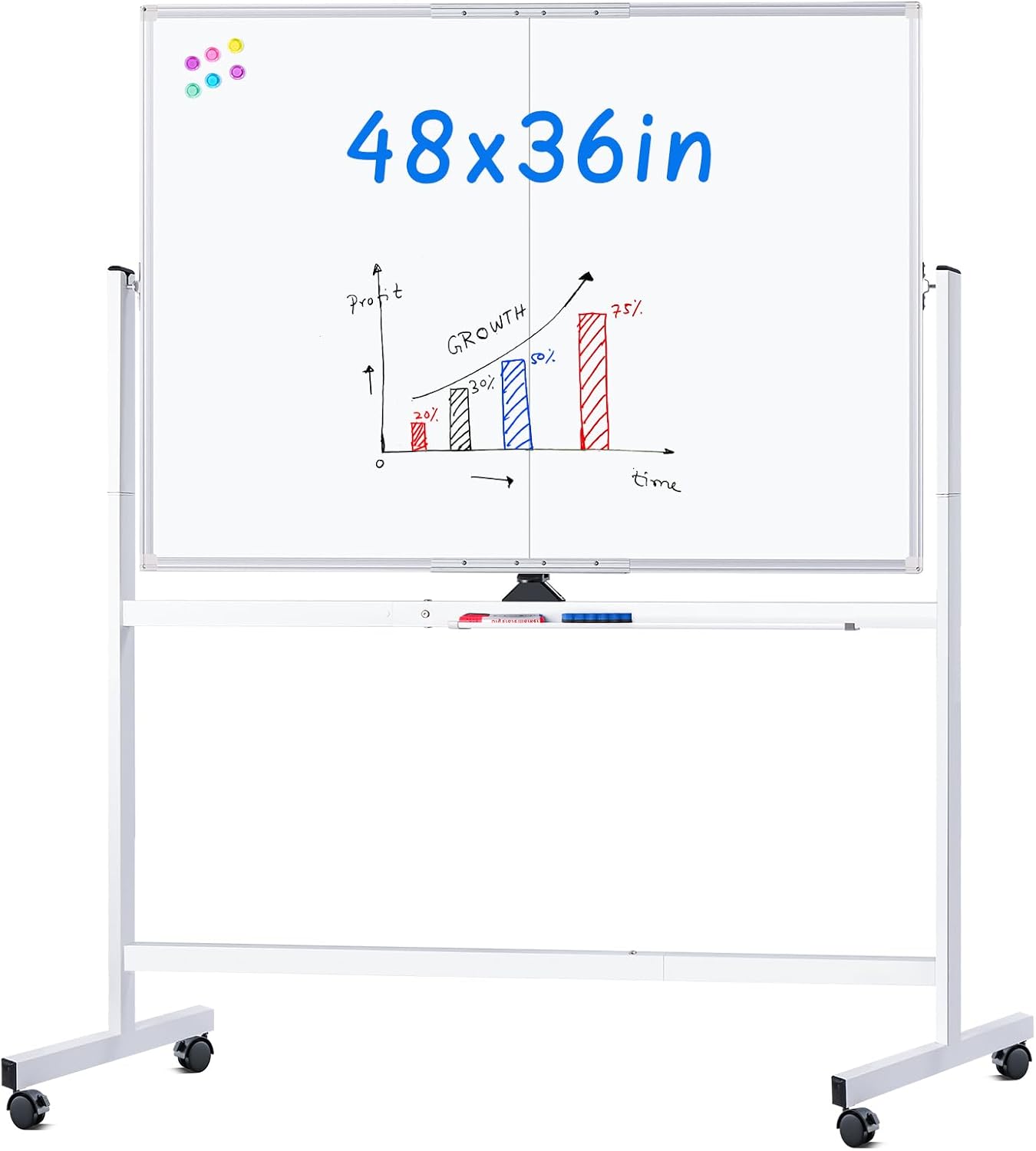 maxtek ローリングホワイトボード、48x36インチ大型マグネット式ホワイトボード（スタンド付き）、ホームスクール、ホームオフィス、オフィス、学校向けの大型両面ホワイトボード（シルバー、48 x 36インチ）
