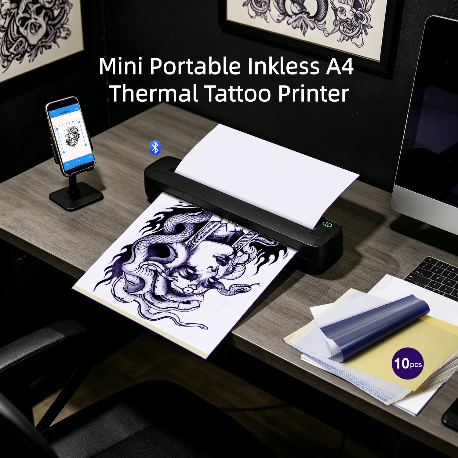 ST80 Thermal Tattoo Stencil Printer, 203dpi HD Wireless A4 Printer with Free Transfer Paper - Compatible with Phone & PC