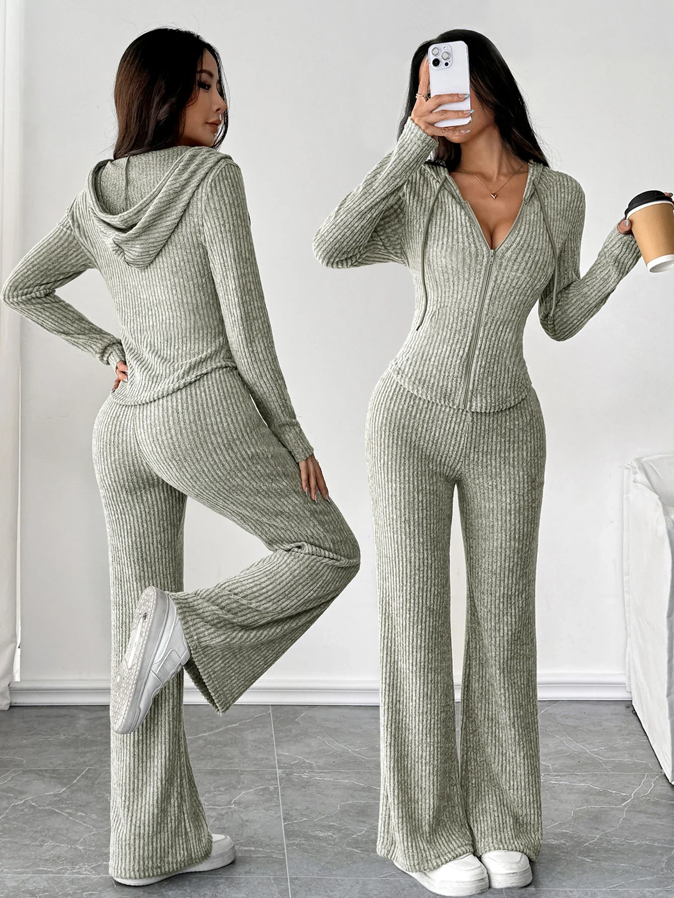 Fashionable Casual Women's Solid Color Hooded Zipper Top And Loose Flared Pants Set Streetwear Style Comfortable Outfit