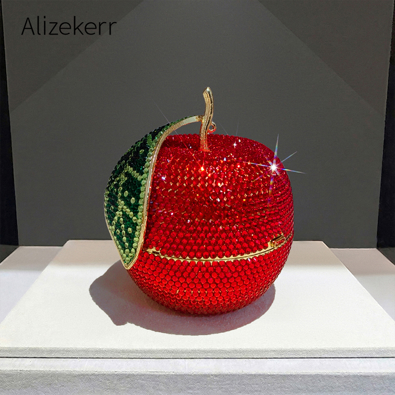 Alizekerr 赤いリンゴの形のラインストーンクラッチバッグ女性かわいいミニフルーツ光沢のある平底クリスタルイブニング財布結婚式のプロム