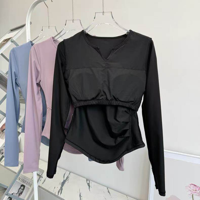 女性の V ネックタイトなヨガ服速乾性痩身フィットネスランニングトップカジュアルスポーツ長袖ファッションウエスト Tシャツ