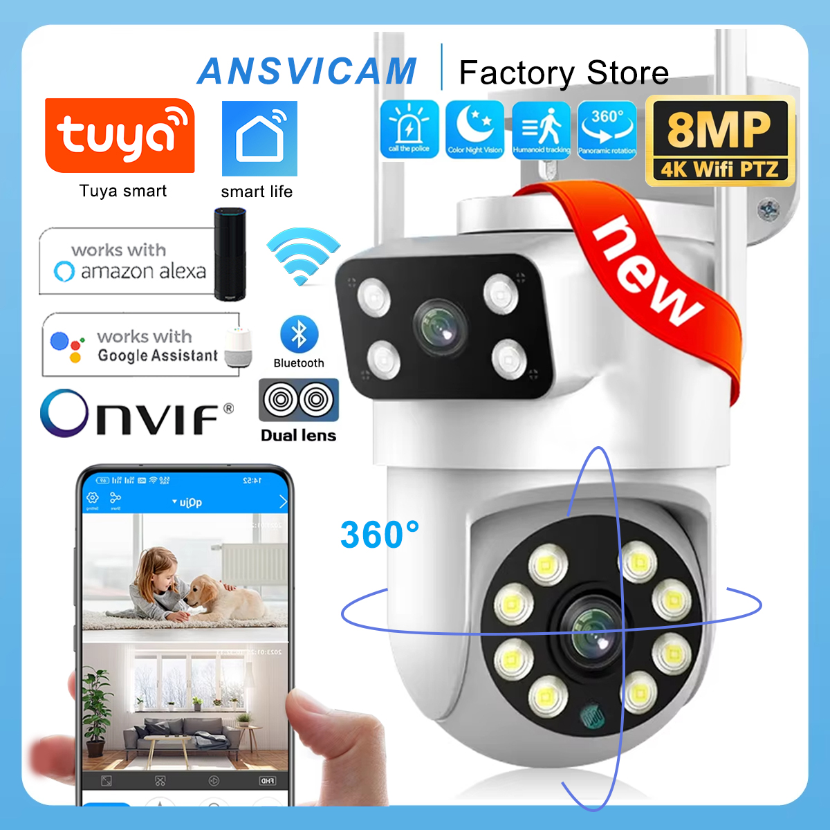 ANSVICAM Tuya 屋外ワイヤレスセキュリティ IP カメラ 4K 8MP HD デュアルレンズ Wifi PTZ カメラ自動追跡街頭監視カメラ