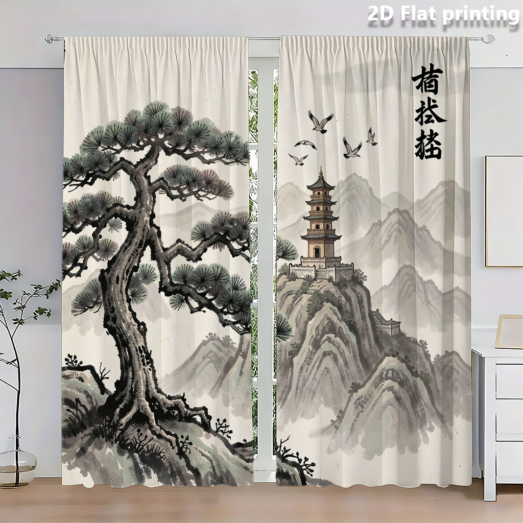中国の水墨画カーテン、伝統的な風景プリントドレープ、禅塔松の木のウィンドウトリートメント、リビングルーム、ベッドルーム用