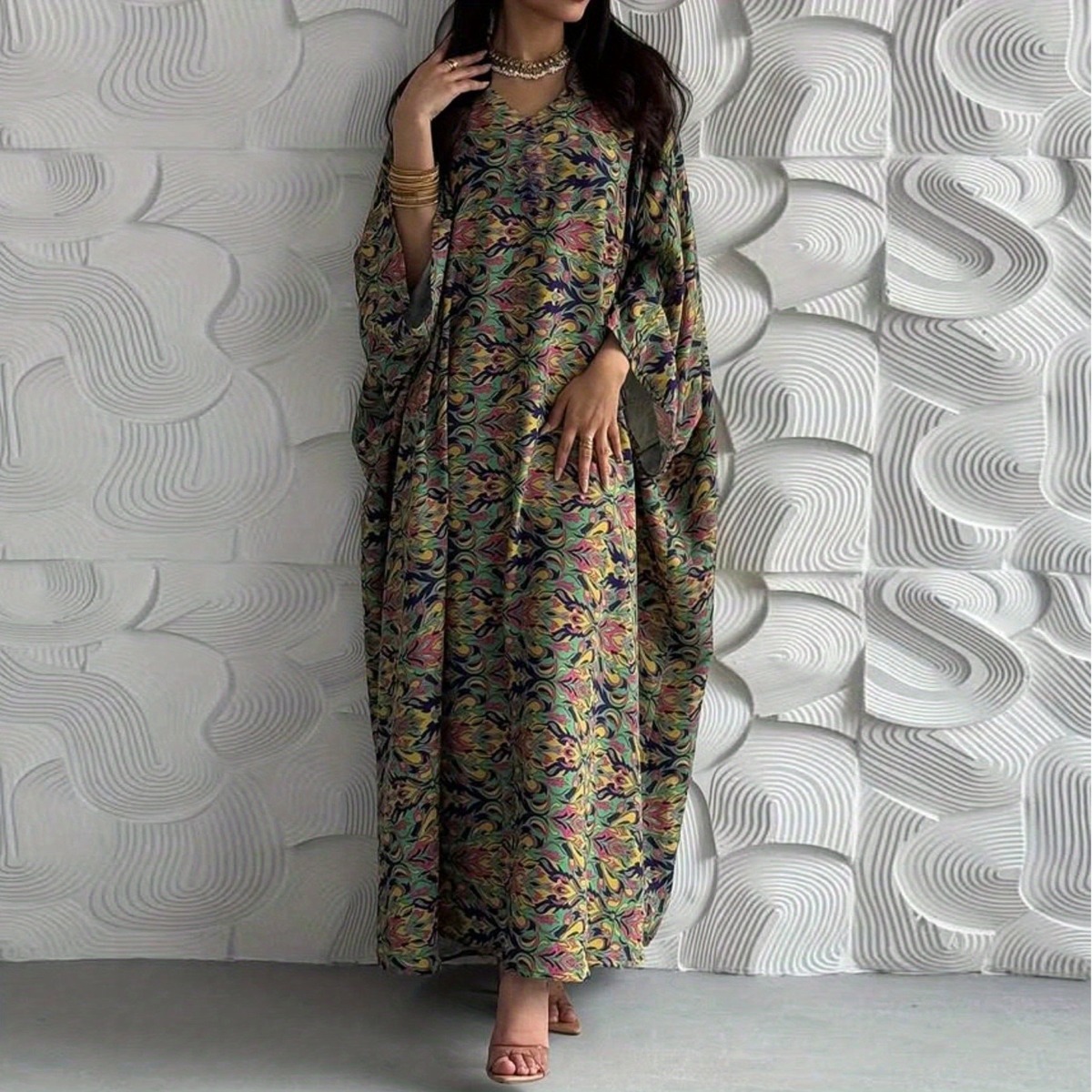 中東ルーズプルオーバーアバヤイスラム教徒フルスリーブプリント花柄 Abayas トルコカフタン女性 Jilbabs イスラムマキシドレス
