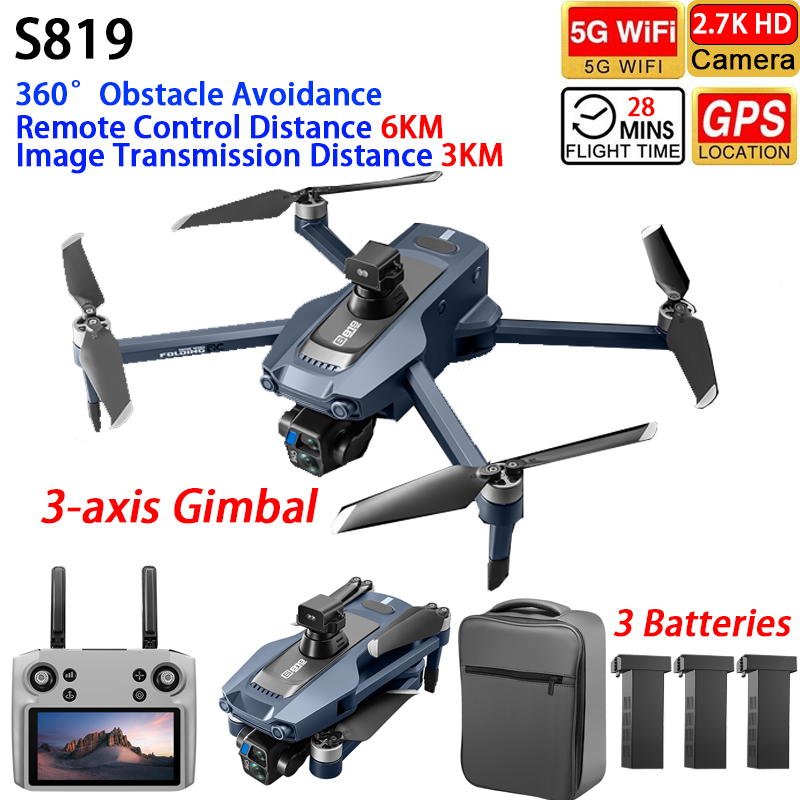 YLRC S819 ドローン GPS WIFI FPV 6KM 3 軸ジンバル 2.7K デュアルカメラ 360° 障害物回避クアッドコプター 12.5cm タッチコントロールスクリーン