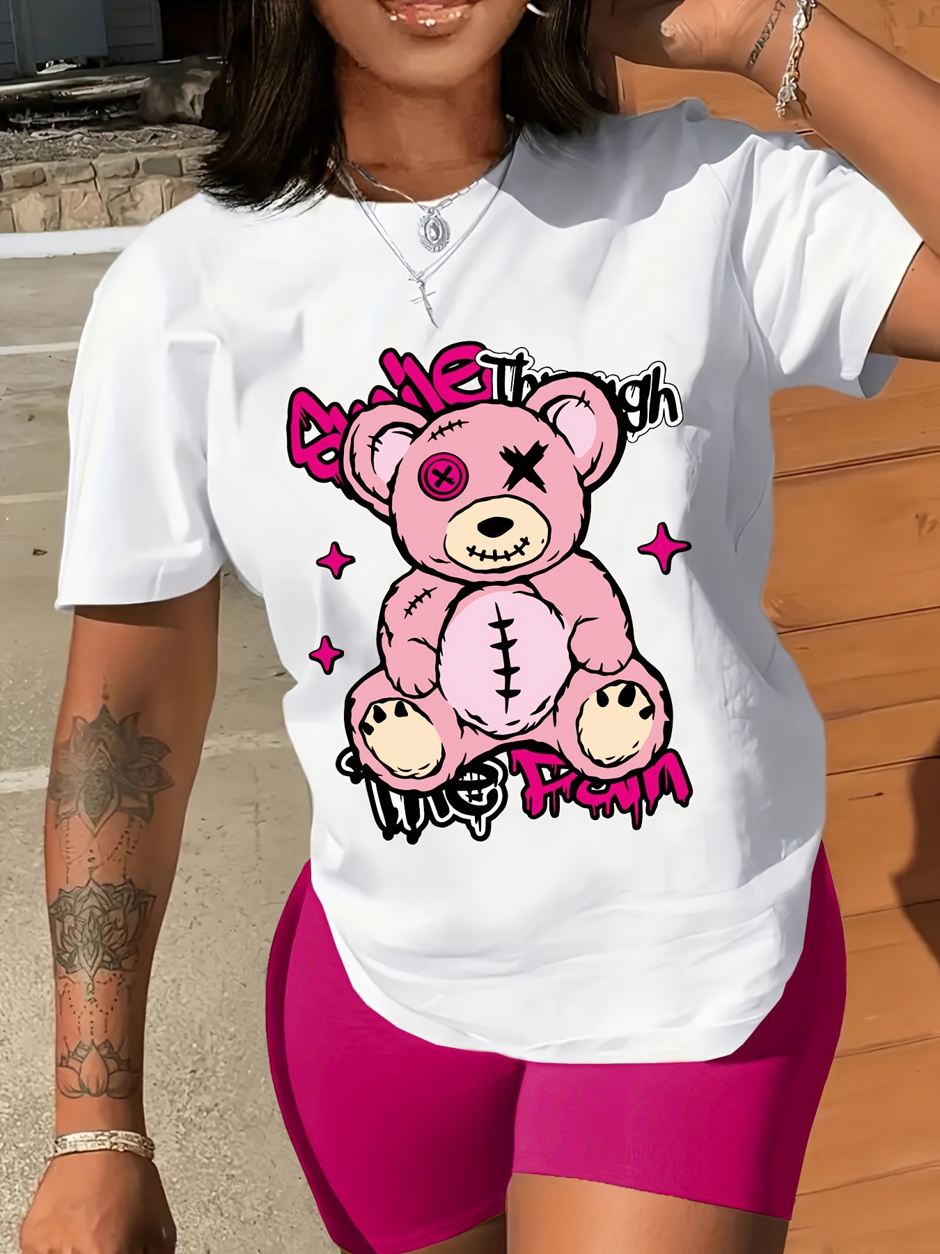 クマプリントクルーネックTシャツ春カジュアル半袖Tシャツ