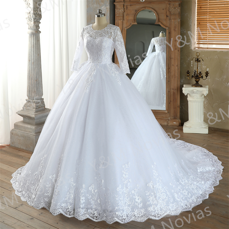 リアルビデオ Vestidos De Novia シンプルなヴィンテージホワイトのウェディングドレス女性のための袖プリンセサブライダルガウン