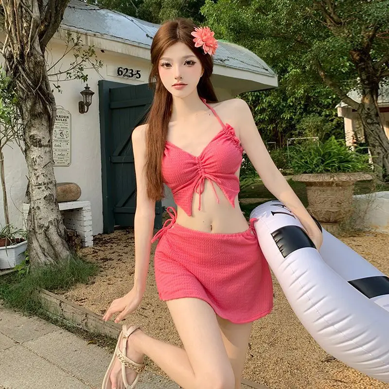 韓国のファッションセクシーなプッシュアップビキニ 3 点セット水着女性ローズレッドサマービーチホリデー水着 Y2k スカート水着