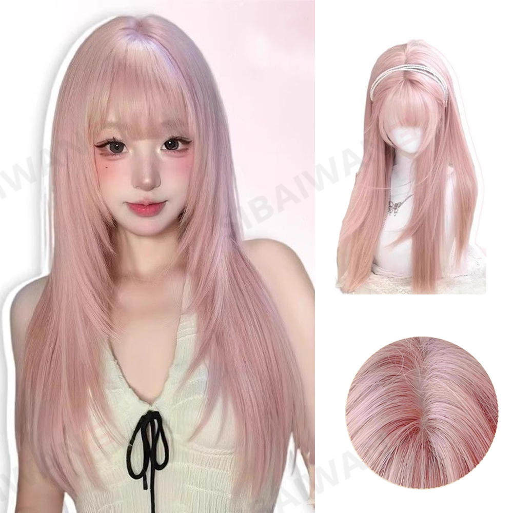 Sakura Pink Wig for Women Long Nature Straight Synthetic Wigs Soft Natural Heat-resistant Fiber Cosplay Party Wig With Bangs