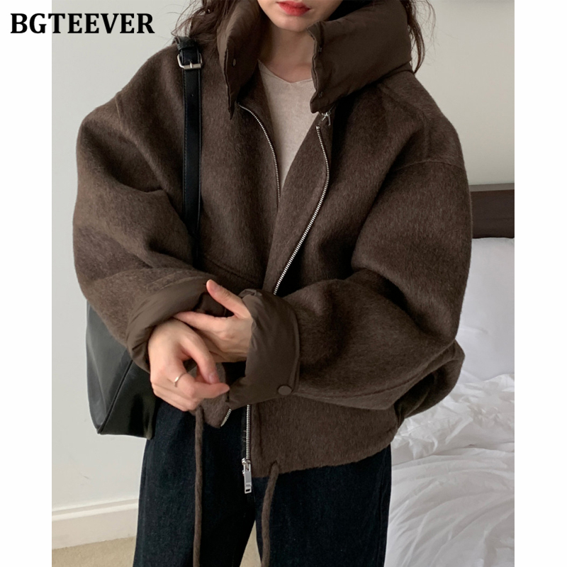 BGTEEVER カジュアルルーズ女性パッチワークフード付きブレンドコート秋冬厚みの長袖ジッパー女性ウールジャケット