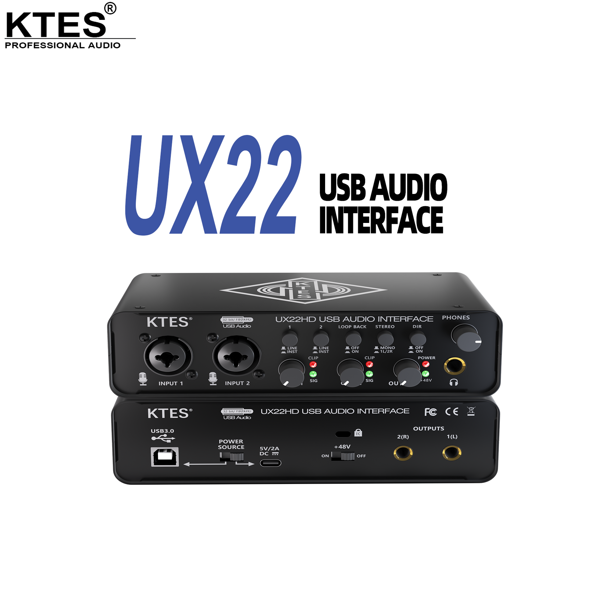 UX22 オーディオ インターフェイス 192kHz 32 ビット USB サウンド カード スタジオ録音ライブ ストリーミング ポッドキャスト DAW 音楽制作用