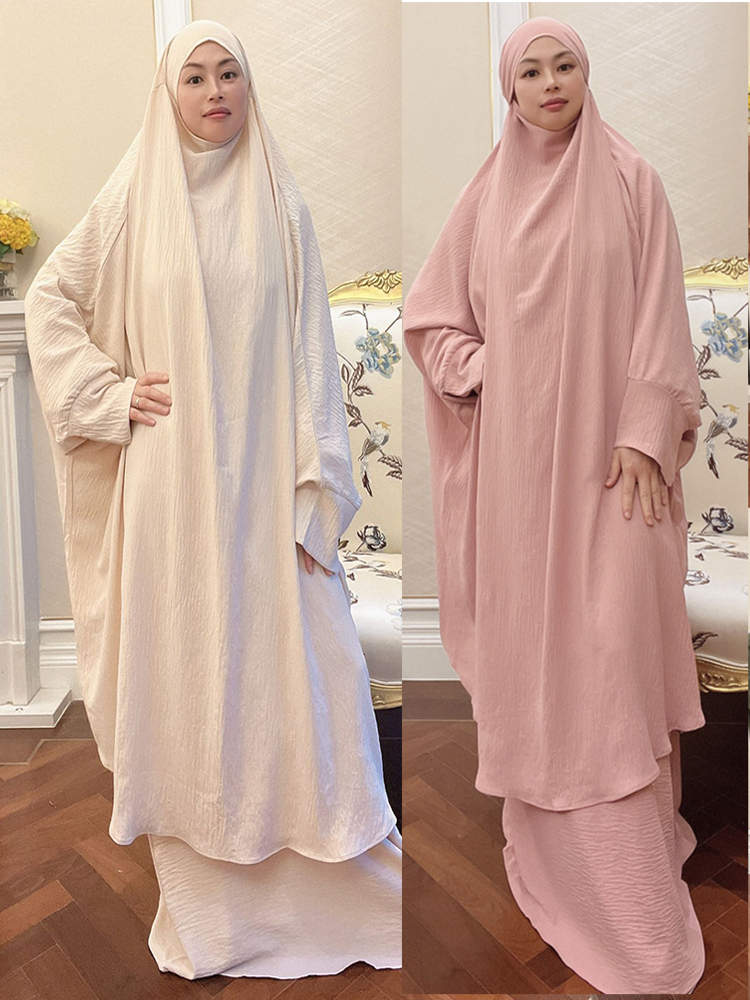 ラマダン 2 ピースロング Khimar セットアバヤイスラム教徒の女性の祈りの衣服ドバイサウジアラビアの祈りのドレス 2 ピースドレスセットイード Niqab