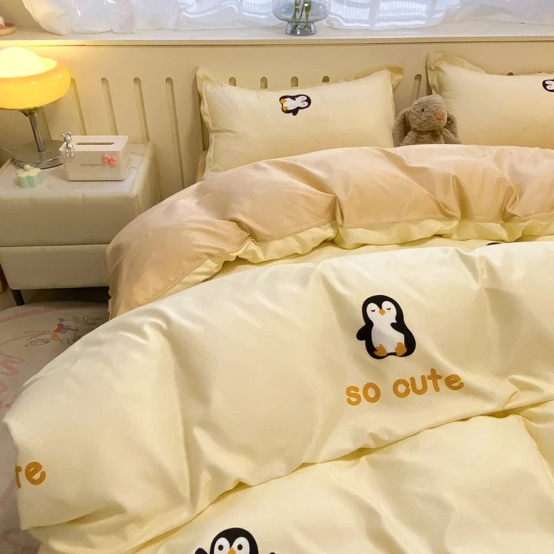 かわいいペンギン寝具セット春オールシーズンツインクイーンサイズ布団カバーフラットシート枕カバーホームホテル掛け布団カバー