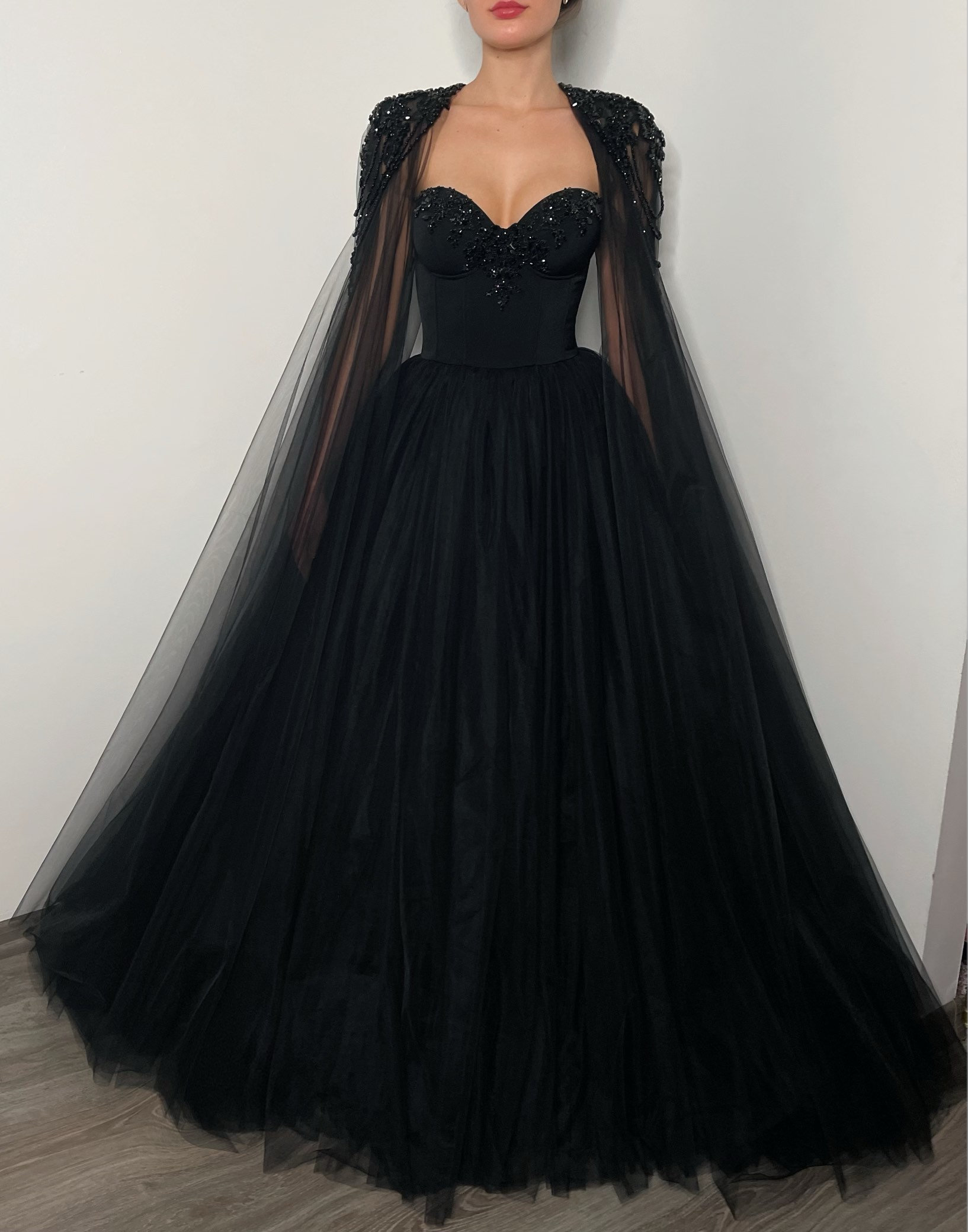 Aileen ロングショールレースハンドビーズブラック高品質高級ドレス結婚式用卒業ドレスイブニングドレスカスタマイズ