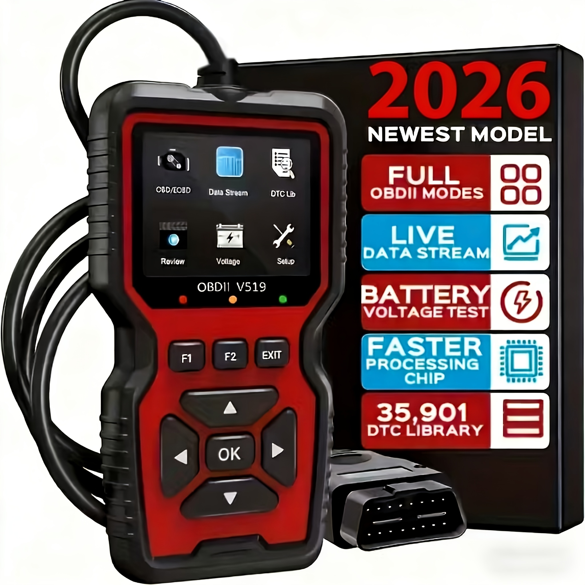 V519 プロフェッショナル Obd2 スキャナー - リアルタイム データ ストリームを備えた USB 電源の自動車診断ツール、フル機能の Obd II テスト (I/M 対応、Bod2/Eobd)、エンジン障害ライトのクリア、コードの読み取り/消去
