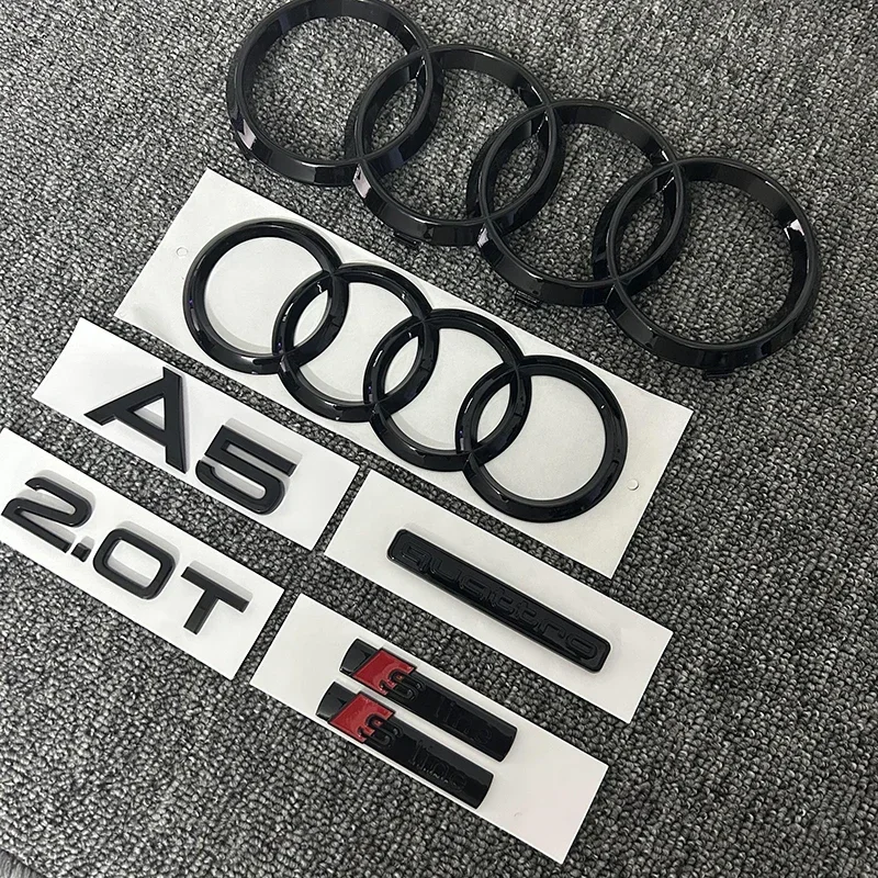 アウディ A5 2010-2019 4 リングロゴ ABS ブラック車のフードフロントグリルリアトランクエンブレムステッカー A5 マーククアルト 2.0T Sline エンブレム